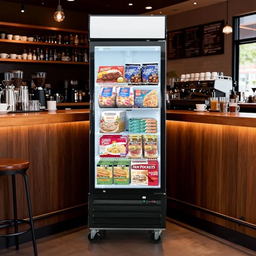Image of Erivess 20 Cu.Ft Commercial Reach-In Display Upright Freezer, -8 to -1℉ | Merchandiser Freezer with Triple-Pane Single Glass Door, Auto Defrost, LED Top Panel for Restaurants, Cafes, Stores