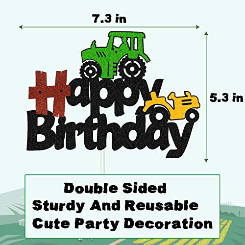 Tractor Cake Topper Green Farm Vehicle Cars Construction Dump Truck Themed For Kids Boy Girl Happy Birthday Party Supplies Black Glitter Décor Double Sided #TOP2