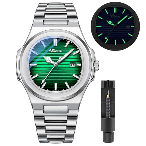 Gosasa Fashion Men Watches Luminous Calendar Casual Watch Stainless Steel Quartz Waterproof Analog Display Male Wristwatch (Green)