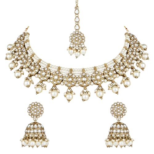 I Jewels Gold Plated Kundan Pearl Handmade Choker Necklace Jewellery & Jhumka Earring Set For Women (K7266)
