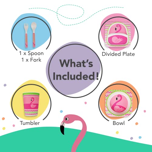 Thoneed Bamboo Kids Plate And Bowl Set | Matching Dishes For Toddlers Ages 1+ | 5 Piece Divided Dinnerware Set Includes Plate, Bowl, Cup & Utensils | Reusable, Bpa Free & Dishwasher Safe (Flamingo) #TOP4