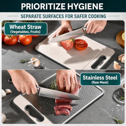Image of 3 in 1 Double Sided Chopping Board with Built-in Knife Sharpener Garlic Grater Non-Slip Edges Reversible 304 Stainless Steel Scratch Resistant Mesh Cutting Boards for Vegetable Meat - (14.4 inch x 9.8 inch)