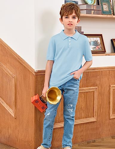 Boys Short Sleeve Polo Shirts Soft Stretch School Uniform Knitted Classic Fit Sweater Shirt Light Blue #TOP4