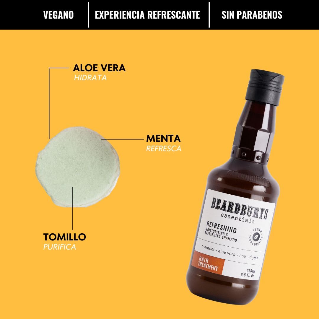 Beardburys Essentials | Pack 2 Champú Refrescante para Hombre Uso Diario, Apto para Cabello Graso, Limpia y Purifica el Cabello, Sin Parabenos ni Siliconas - 250ml