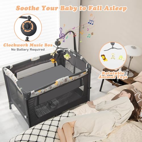 COSTWAY 4 in 1 Portable Travel Cot, Foldable Baby Bedside Bassinet with Changing Table, Mattress, Music Box, Wheels & Brakes, Carry Bag - Image 4