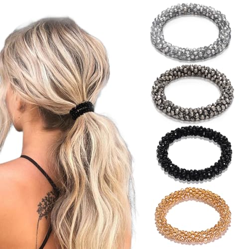 FloralGrace 4 Stück Strass Haargummis, Hoher Pferdeschwanzhalter, Dekorative Glitzer Elastische Haarschmuck, Stretchy Perlen Haargummis, Funkelnde Haaraccessoires