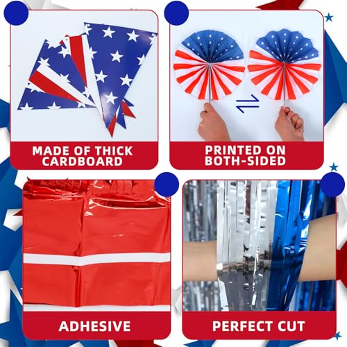 Image of 4th of July Patriotic Decorations, Red White and Blue Decorationl Include 3 Pack Foil Fringe Curtains, Paper Fans, Pennant Bunting for Patriotic Party, Memorial Day, Independence Day, Labor Day
