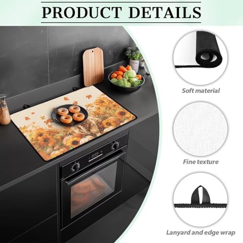Image of Cattle Sunflower Maple Electric Stove Guard Protector Folding Ceramic Stove top Cover 30x21 Inch Heat Resistant Mat Extra Large Dish Dry Mat for Kitchen Tanksgiving Day Decorations