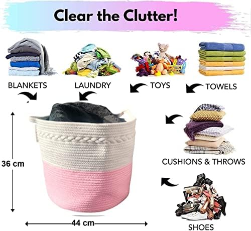 Cotton Rope Basket - Extra Large Pink Storage Basket With Handles. Woven Storage Basket For Blankets, Toy Basket Storage, Clothes basket, Shoes Basket. Pink Basket For Toys (Pink)