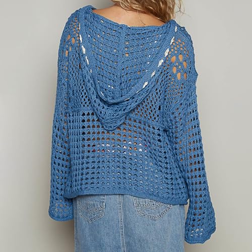 Women's American Flag Crochet Sweater 4th of July Long Sleeve Loose Pullover Hollow Cover Up Tops Summer Beach Party4