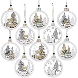 10 Pcs Christmas Hanging Wooden Ornament Hollow Fretwork Laser Cutting Wood Carving Ornaments Wood Slice Gift Tags Pendant Circle Bauble Glitter Reindeer Oranments Xmas Tree Holiday Season Festival