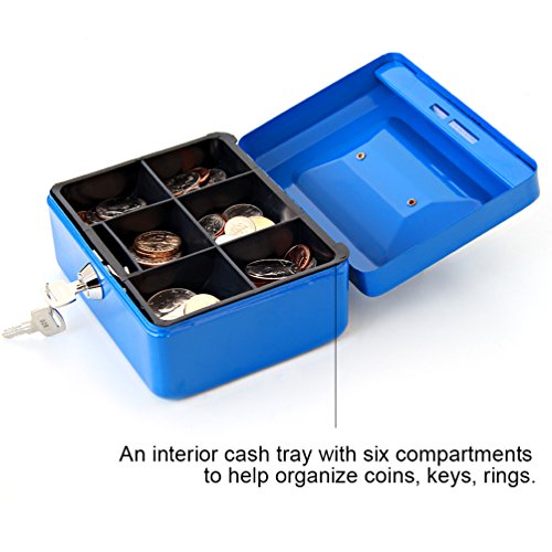 Image of Decaller Small Cash Box with Key Lock, Double Layer Metal Money Box for Home Security, Portable Locking Box, 5.9 inch x 4.7 inch x 3.2 inch, Blue