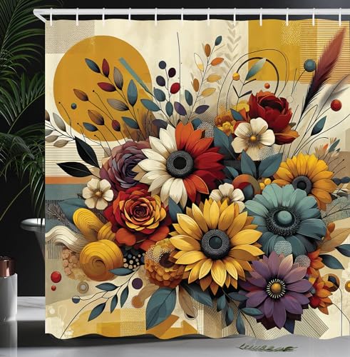 Ambesonne Colorful Shower Curtain, Modern Farmhouse Leafy Sunflower Huddle with Geometric Rounds Lines, Cloth Fabric Bathroom Decor Set with Hooks, 69" W x 70" L, Earth Yellow Blue Grey