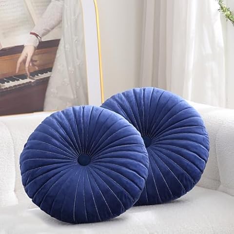 Kindred Home 2 Pack Round Throw Pillows 18 Inch Decorative Round Velvet Floor Cushions Small Pumpkin Throw Pillows Living Room Sofa Bed Cushions (navy) Cover
