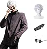 Pawpaw Jujutsu Kaisen Satoru Gojo Cosplay Costume with Wig, Present, Costume for Events, Parties, Cultural Festivals, Glasses Incorruded, Satoru Gojo Wig Blue, L