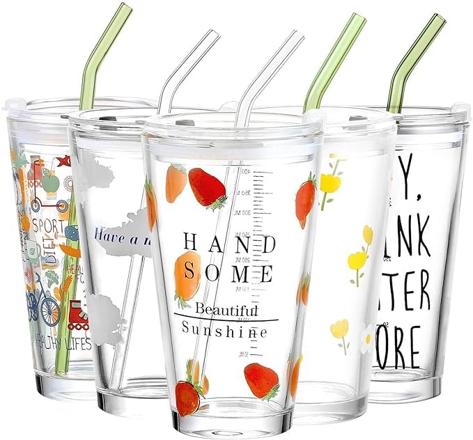 Shivaaro Cartoon Printed Milk Glass Sipper Mug Jar with Silicone Straw and Lid - Measuring Scale Drinking Cup for Kids Boys and Girls Perfect for Milk,Juice,Coffee 400 ML (1) 4