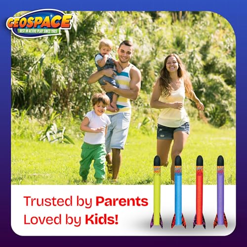 Geospace Hand Held Jr. Pump Rocket Combo Battle Pack &ndash; Flying Foam Rockets Outdoor Toys for Kids, Boys & Girls &ndash; 30" Set with 2 Launchers & 6 Rockets Set &ndash; Hand Stomper Rocket Toy - Cool Toys for Fun