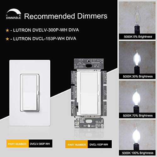 Crlight Dimmable Led Candelabra Bulb, 2W 5000K 300 Lumen, 30W Incandescent Equivalent, Daylight White Filament Led Chandelier Light Bulbs, E12 Base Vintage Edison C35 Glass Candle Flame Tip, 10 Pack #TOP3
