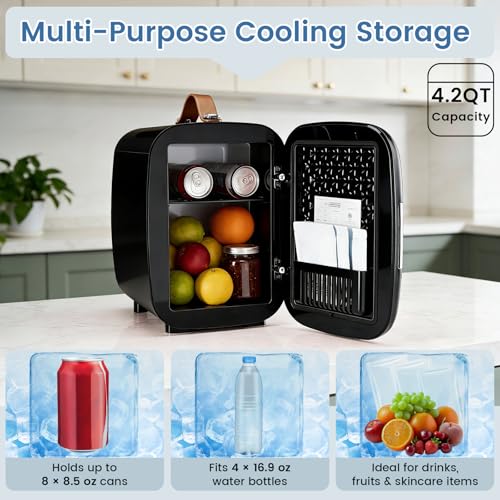 Image of NEWBULIG Mini Fridge for Bedroom, Office & Car, Portable 4L /4.23QT Mini Refrigerator for Skincare with Handle, Ultra-Quiet Energy-Saving Compact Cooler for Drinks, Food, Skincare & Makeup, 12V AC /DC