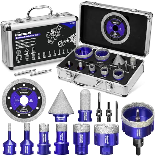 Image of 14 PCS Diamond Hole Saw Kit with Pilot Bit Adapter, 1 /4 inch - 2 1 /2 inch Thickened Core Drill Bit Set, Includes Tile Shaping Cone & Diamond Saw Blade, for Porcelain, Ceramic, Granite, Marble, Stone