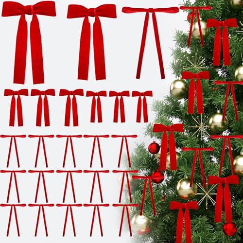 Tkifoda 24 Pcs Velvet Christmas Bows, Christmas Wreath Bow Bulk Ribbon Velvet Wreath Bows Christmas Handmade Tree Topper Ornament for Gift Wrapping Xmas Outdoor Indoor Wedding Decoration(A-Red)