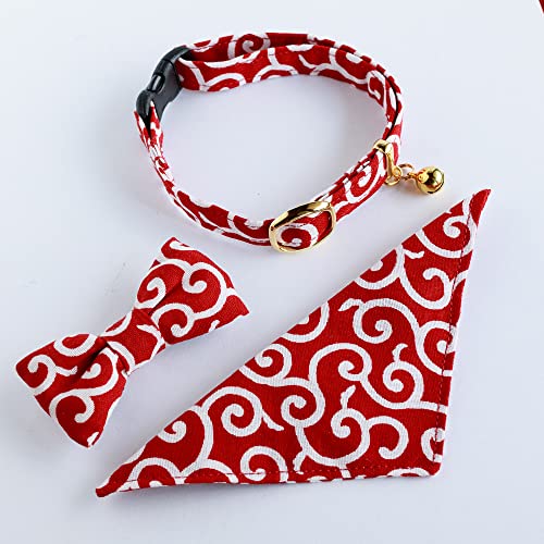 【 猫雑貨 招福 】 猫 首輪 手作り 唐草 リボン バンダナ ベルト スリーウェイ3点セット 日本製 ハンドメイド : 3SET (M, KR)