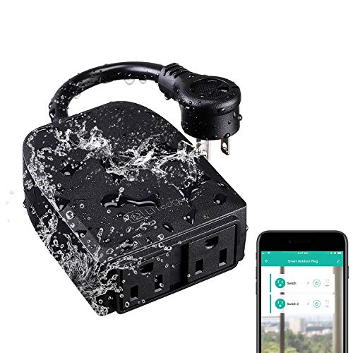 LITEdge Outdoor Smart Plug, WiFi 2-in-1 Plug Power Outlet, Compatible with Google Home & Alexa, APP Cordless Remote Control Smart Outlet Socket, Remote Control, Timer, Waterproof