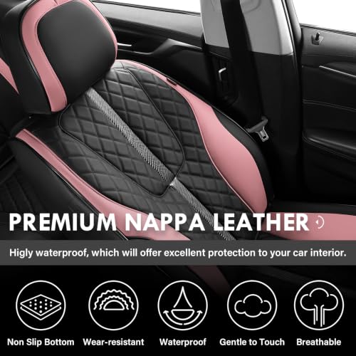 Image of Coverado Front Seat Covers, Luxury Diamond-Pattern Leather Car Seat Cover & Carbon Fiber Lines, Black and Pink Driver Seat Cover, Waterproof Car Seat Protectors Seat Cover Universal Fit for Most Cars