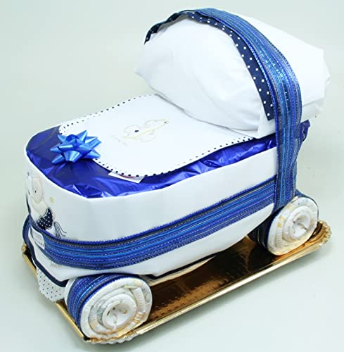 Torta di Pannolini Carrozzina Blu con 48 pannolini 3/6 kg, parure lenzuolini da carrozzina, bavaglia e prodotti di...