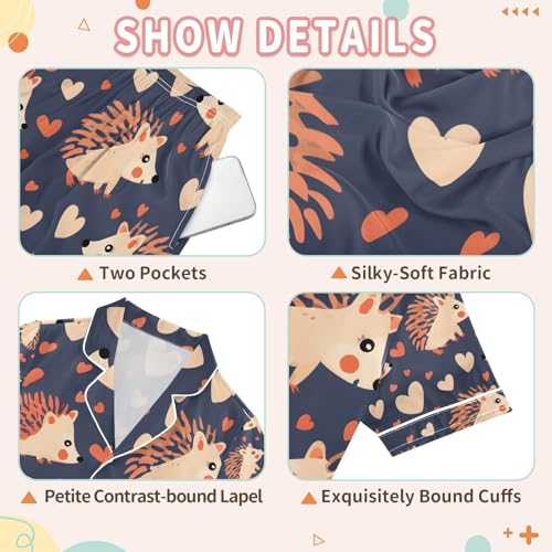 senya Hedgehog and Love Dark Satin Summer Pajama Sets Silk Short Sleeve Button Down Sleepwear3