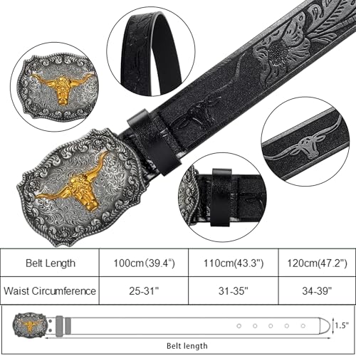 Men Women-Western-Cowboy-Leather-Belts - Longhorn Bull Pattern Buckle Belt Floral Engraved Buckle Belt for Jeans3