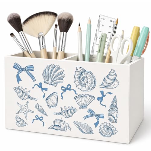 CalmVerve Blue Coastal Beach Pen Pencil Holder for Desk, Bow Pencil Holders Wooden Box Organizer for Home Office Bedroom Desk Tabletop