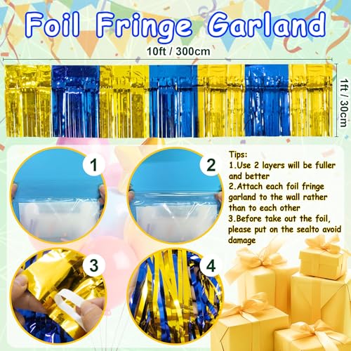 Image of 4 Pack 10 Feet Graduation Parade Floats Foil, Royal Blue Gold Fringe Garland Tinsel Streamers Banner Fringe Curtain Banner for Graduation Homecoming Birthday Party Decorations (Royal Blue, Gold)