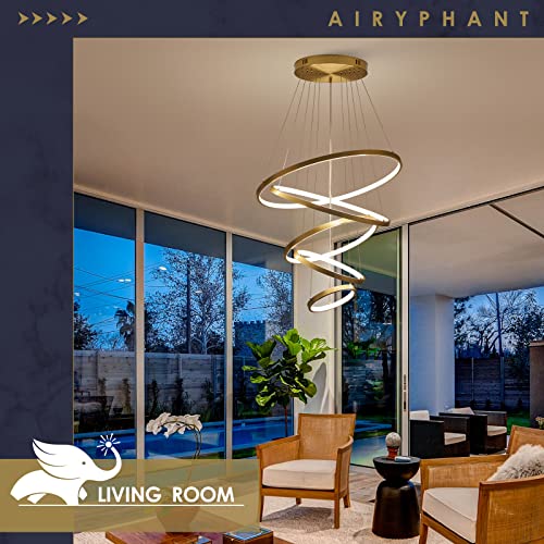 Airyphant 5 Ring Led Chandelier Modern Gold Chandeliers With Remote Control Dimmable Large Contemporary Ceiling Pendant Light For Foyer High Ceiling Living Room 3000K-6000K Selectable #TOP6