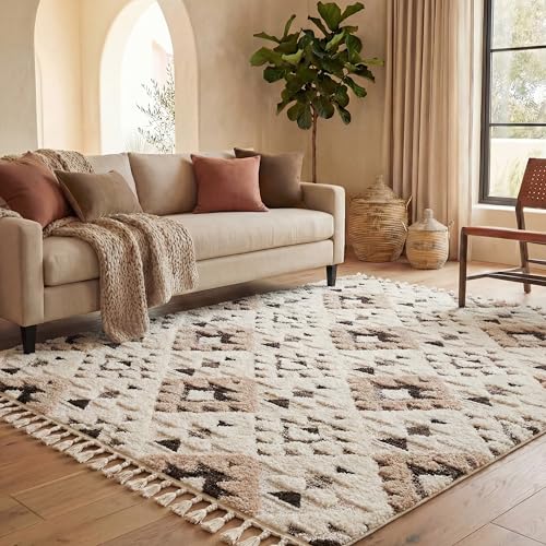 SAFAVIEH Area Rug 8x10 - Moroccan Tassel Shag Collection - Large - Ivory & Brown, Non-Shedding & Easy to Clean, Plush High-Low Texture, Ideal for Living Room, Bedroom, Dining Space (MTS688A)