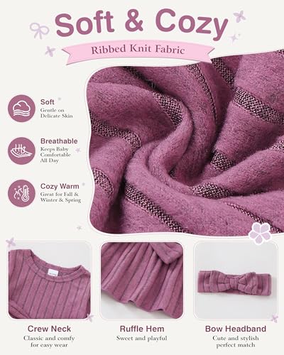 Image of SODLON Baby Girl Clothes Toddler Fall Winter Outfits Ruffle Long Sleeve Bow Top Flared Pants Set Bell Bottom Clothing 18M-5T