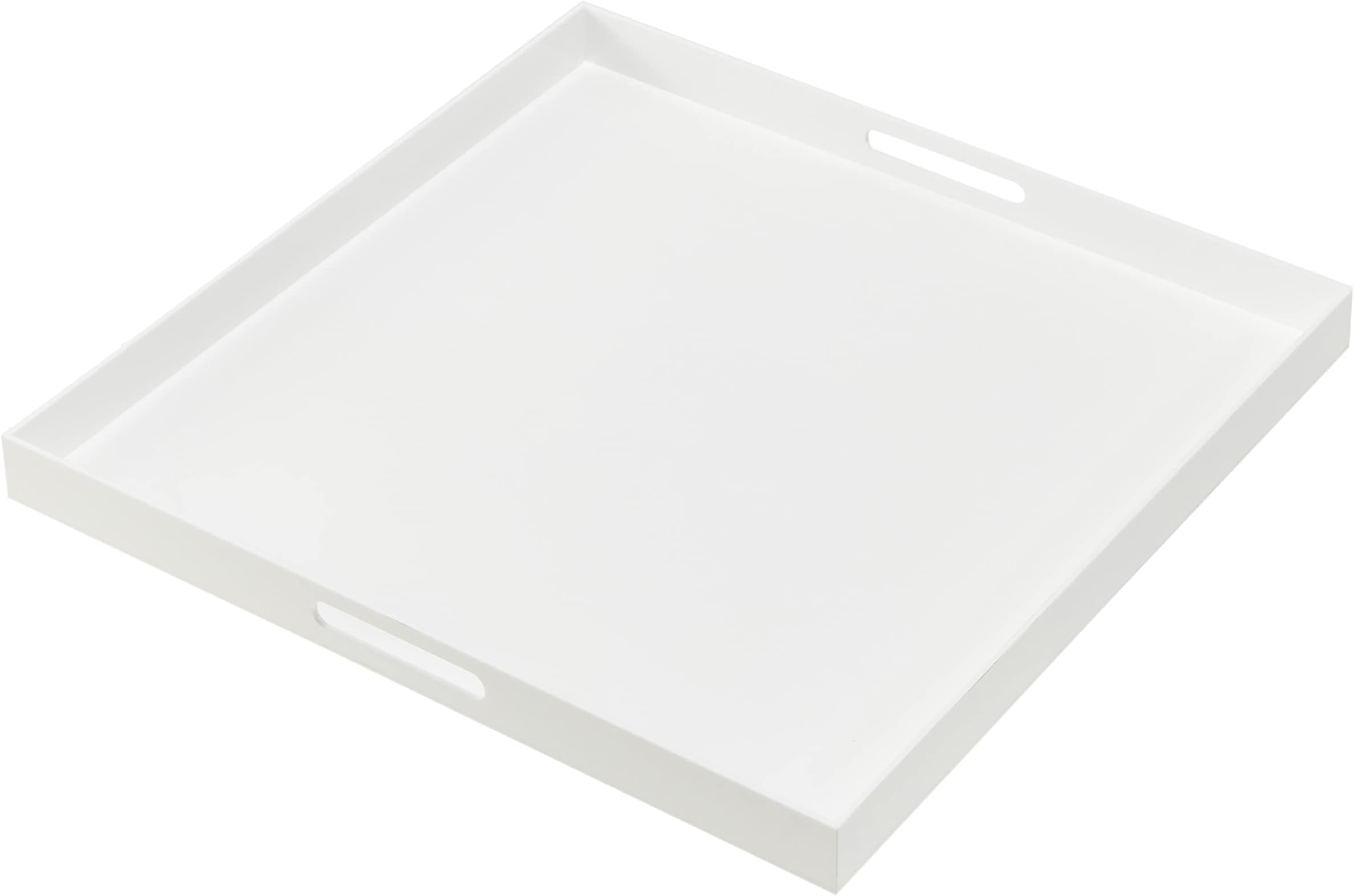 Oversize Extra Large King Size Bed Tray for eating Big Glossy White Acrylic Serving Tray with Handles 24x24 Inch -Spill Proof- Decorative Countertop Organizer for Ottoman,Bed,Party, Butler Tray