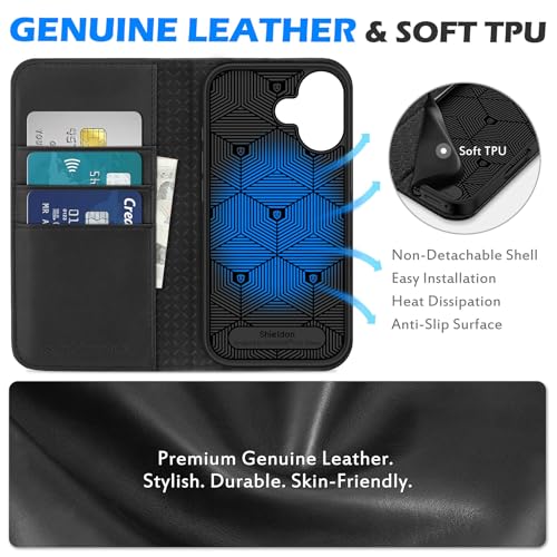 SHIELDON Genuine Leather Wallet Case for iPhone 17 6.3-inch 5G 2025 | Flip Magnetic Cover | Kickstand | RFID Blocking | 3 Credit Card Holder | Shockproof | Soft Inner Phone Case | Black by SHIELDON - Image 3