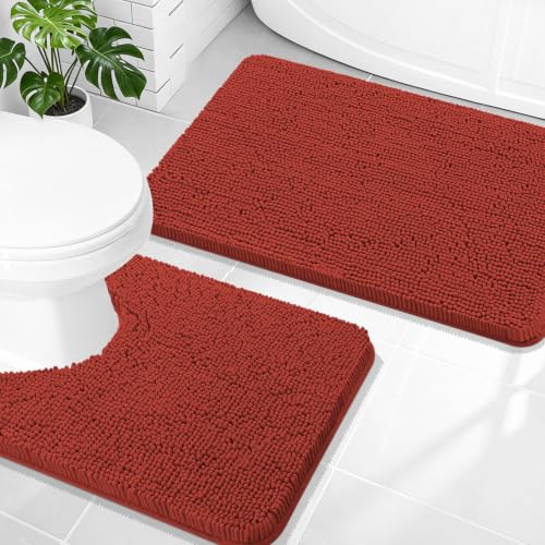 Image of OLANLY Bathroom Rugs Sets 2 Piece, Soft Absorbent Chenille Bath Mats and U-Shaped Contour Toilet Rug Set, Machine Washable Bath Carpet, Home Decor Accessories(30 inchx20 inch+24 inchx20 inch, Rustic Terracotta)