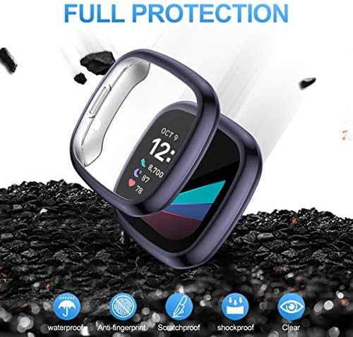 CAVN 4-Pack Screen Protector Case Compatible with Fitbit Sense/Versa 3, Screen Protector TPU Protective Screen Cover Saver Bumper for Sense Smartwatch (Black/Charcoal/Midnight Blue/Clear)