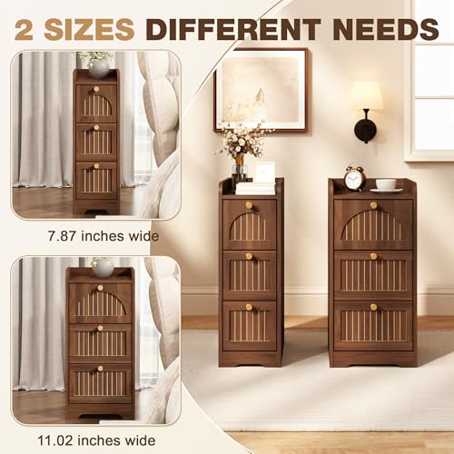 Image of 11.02 inch Narrow Nightstand Set of 2, Fluted Slim Bedside Table with 2 Drawers, Mid Century Modern Small End Table with Gold Metal Handles, for Bedroom, Living Room & Small Spaces - Walnut