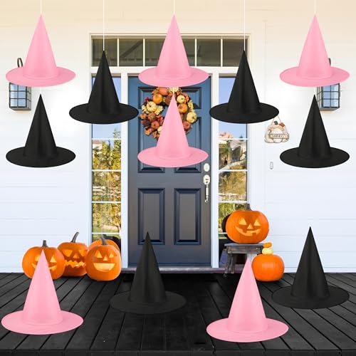 12 PCS Halloween Witch Hat Pink Hanging Witch Hats with...