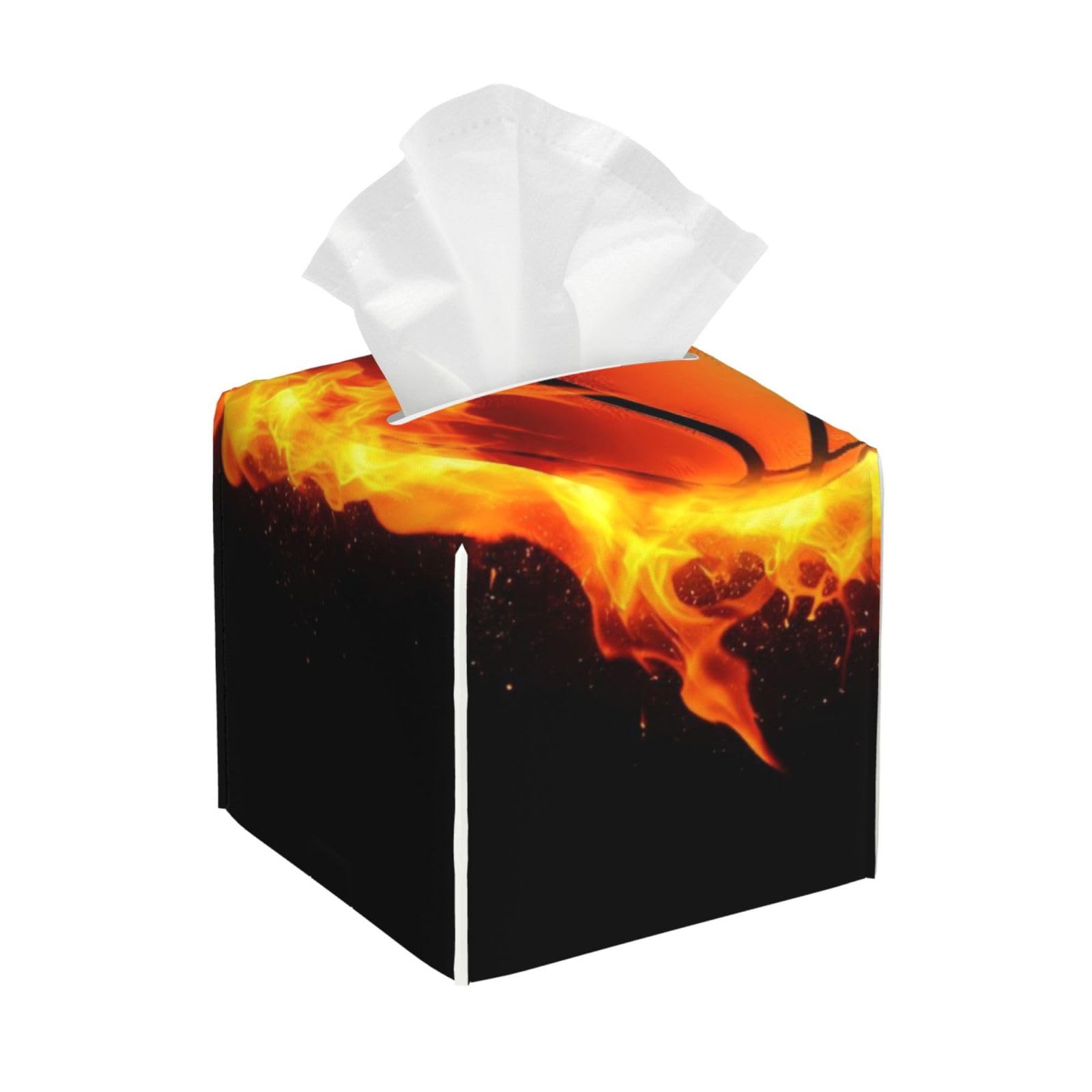 Burnning Fire Basketball Black Leather Tissue Box Cover Holder Square Facial Paper Organizer 5.2" X 5.2" X 5.2"