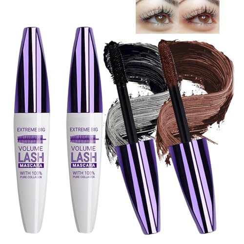 2 Pcs Máscara de Pestañas 5D, Rimel Pestañas Volumen y Largura, Mascara de Pestañas Waterproof de Larga Duración, Pack de Negro y Marrón para Alargamiento y Definición Natural