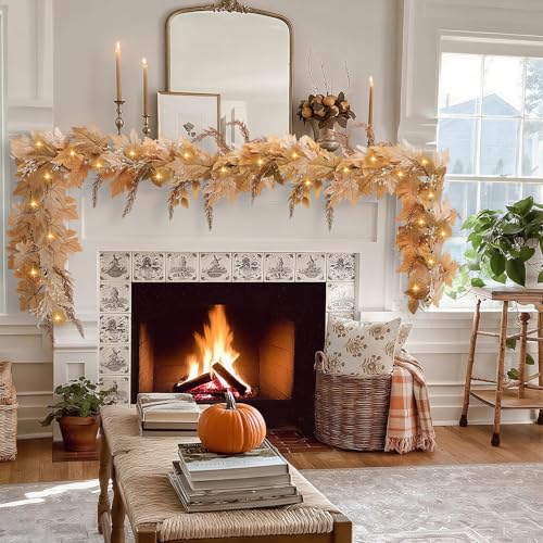 Image of NUTIKAS Neutral Fall Garland with Lights - 6 Ft Lighted Fall Felt Leaves for Mantle Outdoor Decor Light Up Autumn Leaf for Home Fireplace Decorations
