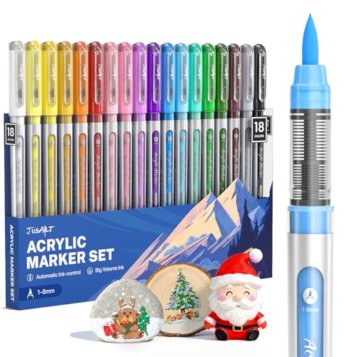 JusArt Acrylic Paint Markers Brush Tip 18 Colors, Water-Based No-Bleed Markers with Automatic Ink Control, Waterproof Acrylic Paint Pens for DIY Art & Crafts -Fabric, Rock, Wood, Glass, Ceramic, Metal
