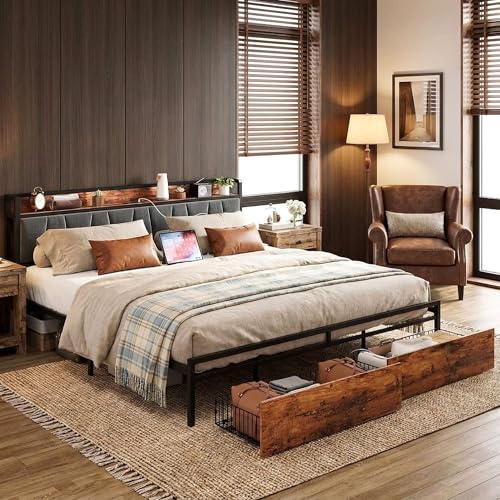 Image of LIKIMIO King Size Bed Frame with 2 Drawers and Charging Station | Platform Bed with Upholstered Storage Headboard, No Box Spring Needed, Easy Assembly, Sturdy, Industrial Brown and Gray
