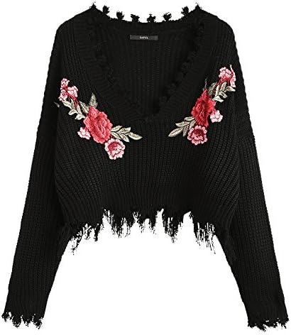 ZAFUL Women's Loose Long Sleeve V-Neck Ripped Pullover Knit Sweater Crop Top