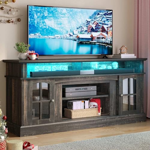 YITAHOME LED Farmhouse TV Stand for 65 Inch w/Outlets, Modern Entertainment Center with Glass Doors...