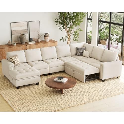 Belffin Velvet Beige Large L-Shaped Modular Sectional Sofa with Reversible Storage Ottoman Chaise, Pull Out Sleeper Couch Bed Large Corner Shape Sleep